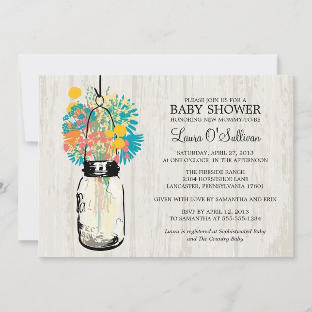 Invitation Baby shower Fleur sauvage Rustic Wood Mason Jar (Devant)