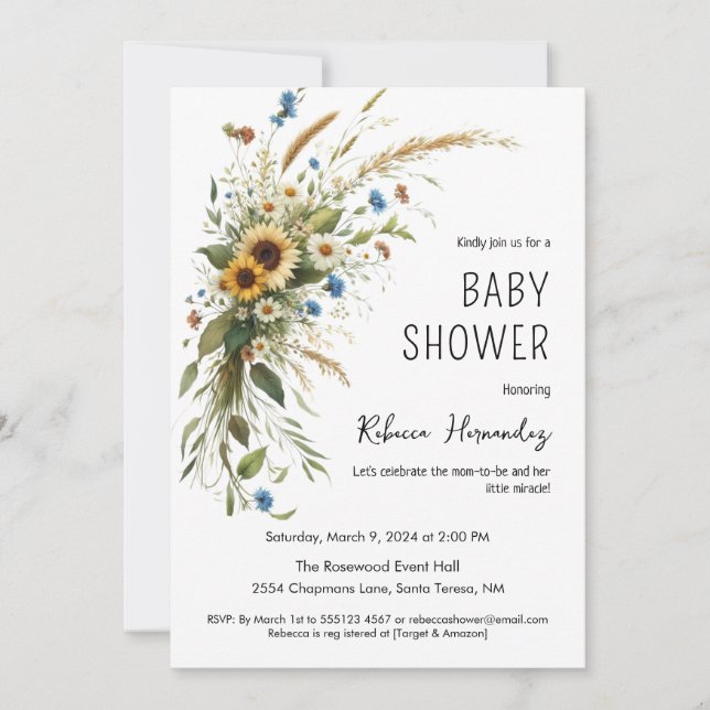 Invitation Baby shower Fleur sauvage rustique (Devant)