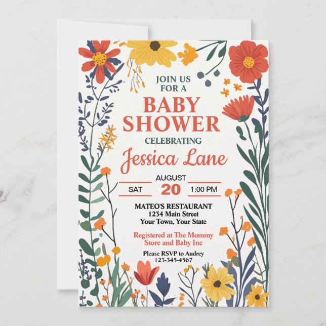 Invitation Baby shower Fleur sauvage rustique (Devant)