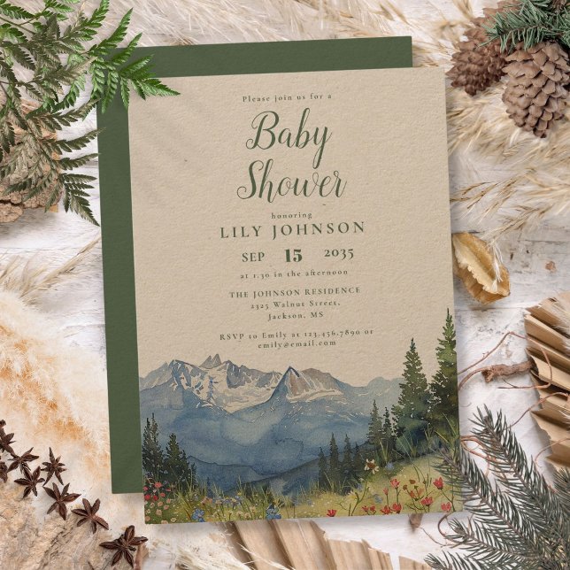 Invitation Baby shower Fleur sauvage Rustique Watercolor Moun (Rustic Watercolor Mountain Wildflower Baby Shower Invitation)