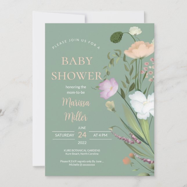 Invitation Baby shower Fleur sauvage Sage (Devant)