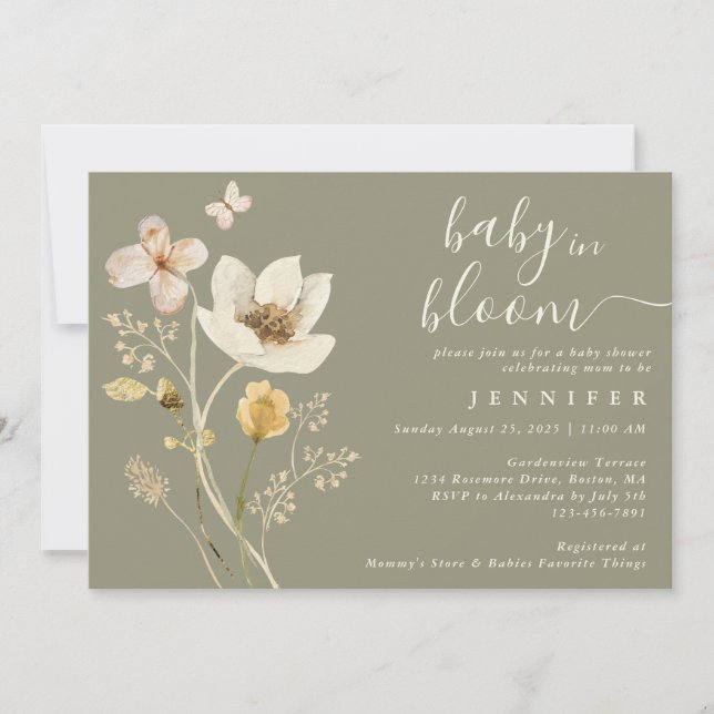 Invitation Baby shower Fleur sauvage Sage Baby In Bloom (Devant)