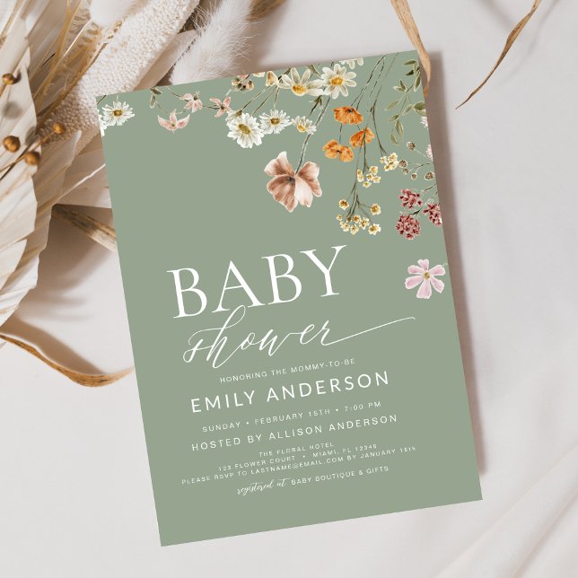 Invitation Baby shower Fleur sauvage Sage Green Boho (Créateur téléchargé)