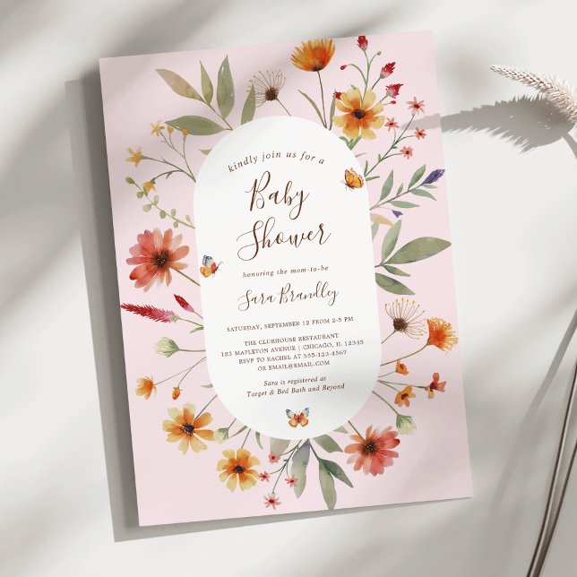 Invitation Baby shower Fleur sauvage Soft Pink Boho (Soft Pink Boho Watercolor Wildflowers Butterfly Baby Shower Invitation)