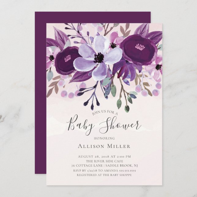 Invitation Baby shower Fleur sauvage violet (Devant / Derrière)