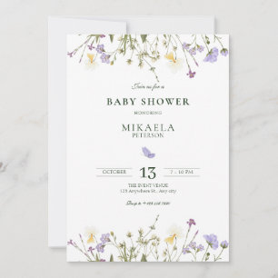 Invitation Baby shower Fleur sauvage violet rustique