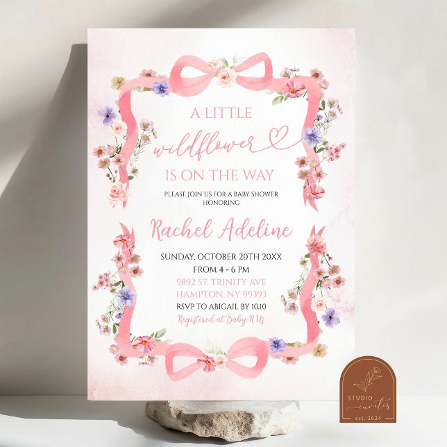Invitation Baby Shower Fleur Sauvageonne Petit Ruban Rose (Créateur téléchargé)