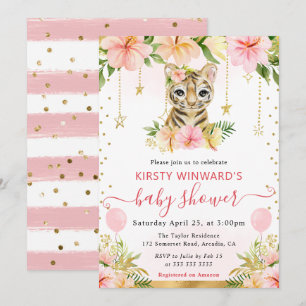 Invitation Baby Shower Fleur tropicale aquarelle au tigre