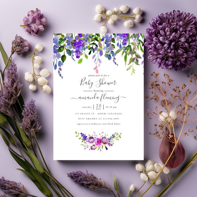 Invitation Baby-Shower Fleur Violet Aquarelle (Créateur téléchargé)