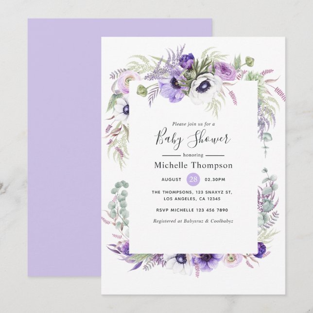 Invitation Baby Shower Fleur Violet Poussiéreux (Devant / Derrière)