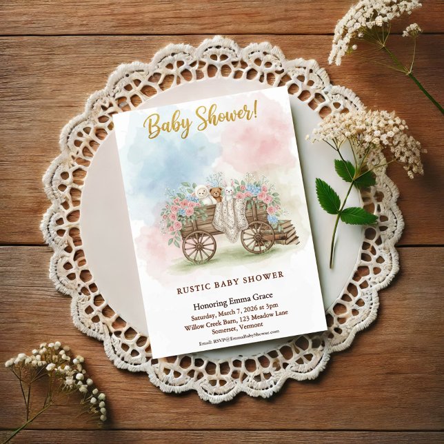 Invitation Baby Shower Fleur Watercolor Chariot Rustique (Créateur téléchargé)