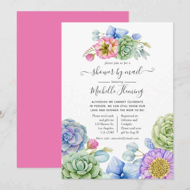 Invitation Baby Shower Fleural de Succulentes à la Mode par l (Devant / Derrière)