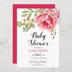 Invitation Baby shower fleuri à l'aquarelle rose chaud
