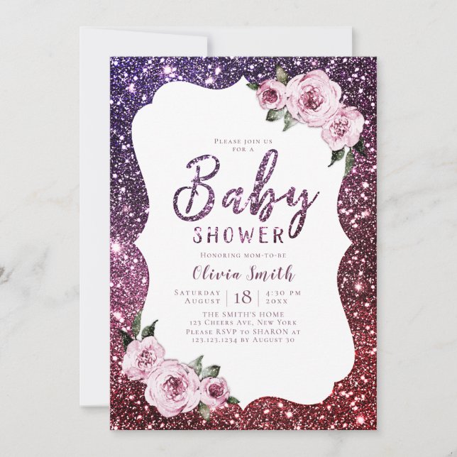 Invitation Baby shower fleuri à parties scintillant violet bo (Devant)