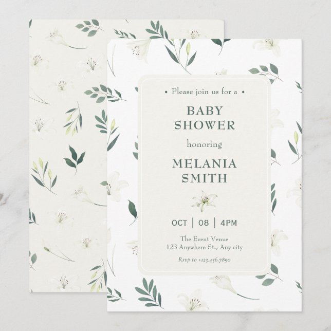 Invitation Baby shower fleuri blanc (Devant / Derrière)