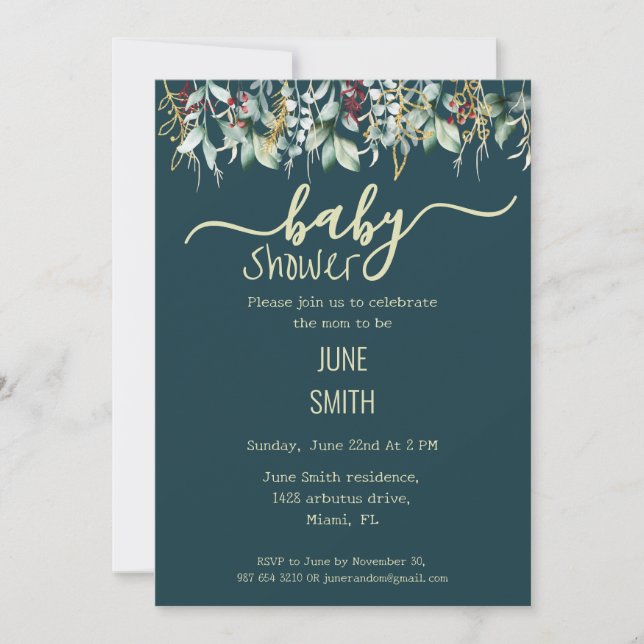 Invitation baby shower fleuri eucalyptus (Devant)