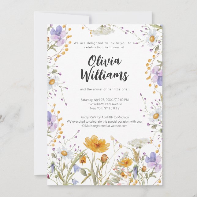 Invitation Baby shower fleuri fleur sauvage coloré (Devant)
