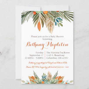 Invitation Baby shower fleuri orange, vert et Brown 