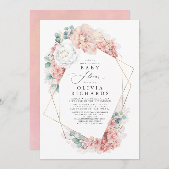 Invitation Baby shower fleuri Rose verdoyant et poussiéreux (Devant / Derrière)