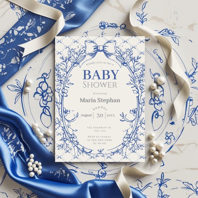 Invitation baby shower fleuri vintage Coquette Blue Bow (Créateur téléchargé)
