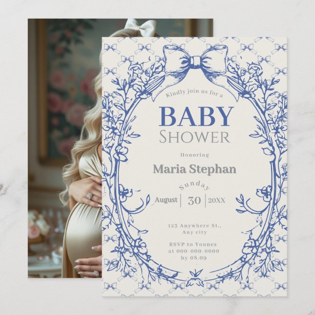 Invitation baby shower fleuri vintage Coquette Blue Bow (Devant / Derrière)