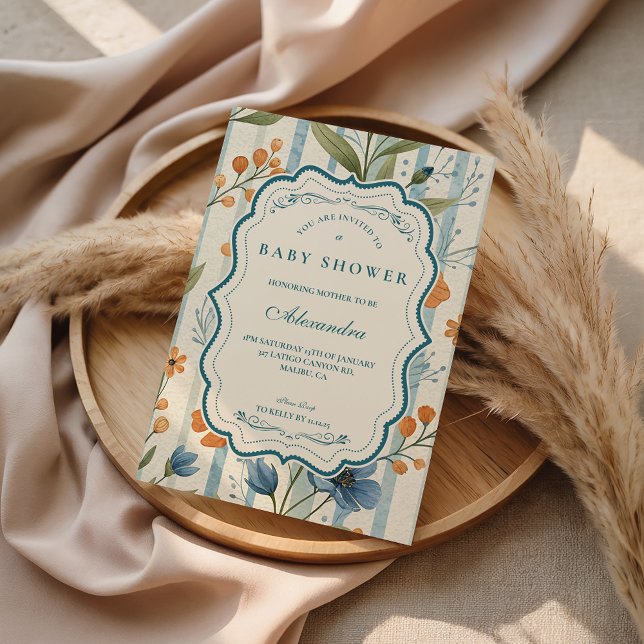 Invitation Baby Shower Fleurie à Rayures (Créateur téléchargé)
