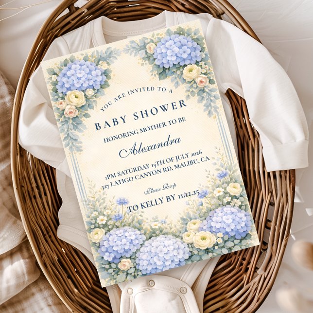 Invitation Baby Shower Fleurie Baroque Hydrangea Bleu Poussiè (Créateur téléchargé)