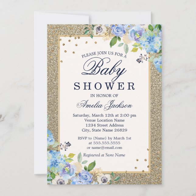 Invitation Baby Shower Fleurie Blue Gold Sparkle (Devant)