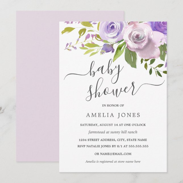 Invitation Baby Shower Fleuriste Aquarelle Violette (Devant / Derrière)