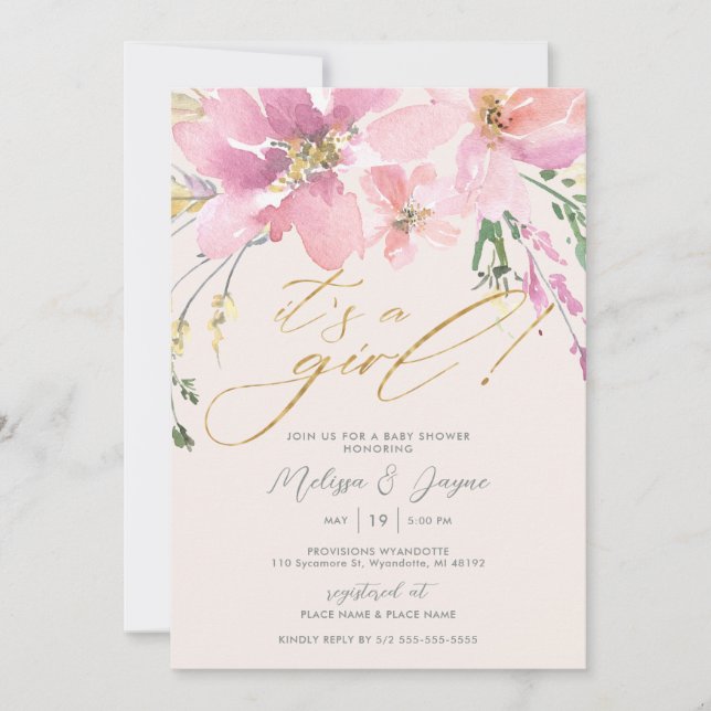 Invitation Baby Shower Fleurs Aquarelle C'est une Fille (Devant)