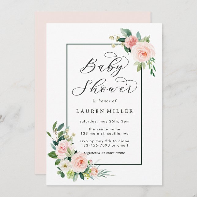Invitation Baby Shower Fleurs Aquarelle Rose Pâle (Devant / Derrière)