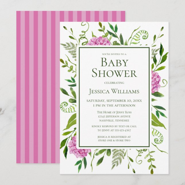 Invitation Baby Shower Fleurs Aquarelles Hydrangeas Roses (Devant / Derrière)