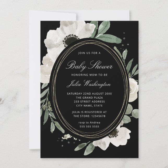Invitation Baby Shower Fleurs Aquarelles Sombres et Verdure  (Devant)