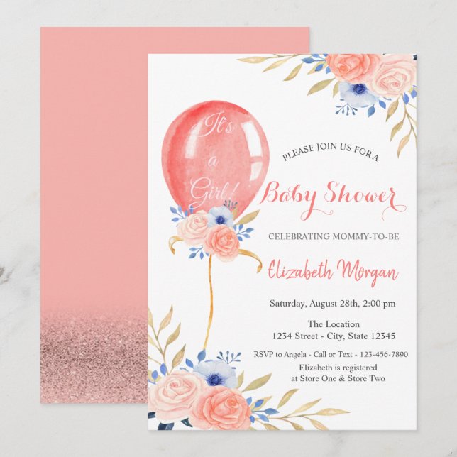 Invitation Baby Shower Fleurs Ballon (Devant / Derrière)