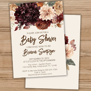 Invitation Baby-Shower Fleurs Beige Brun Ivoire
