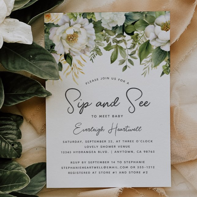 Invitation Baby Shower Fleurs Blanches et Verdure Sip and See (Créateur téléchargé)