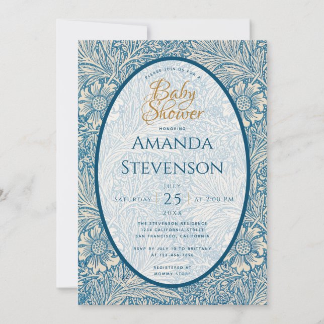 Invitation Baby shower fleurs bleues Souci William Morris (Devant)