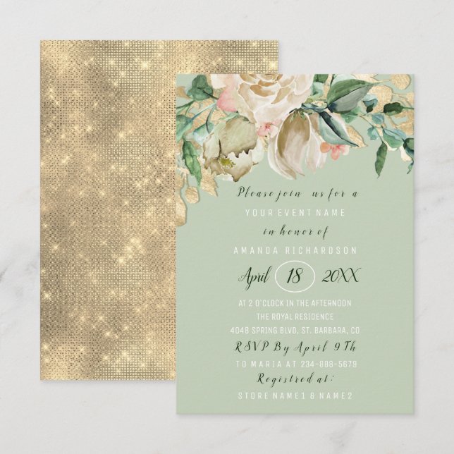Invitation Baby Shower Fleurs Brunch Vert Menthe Or Roses (Devant / Derrière)