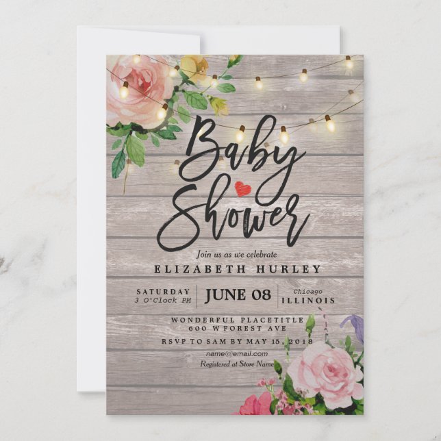 Invitation Baby shower Fleurs Chic Fleurs Bois Rustique Lumiè (Devant)