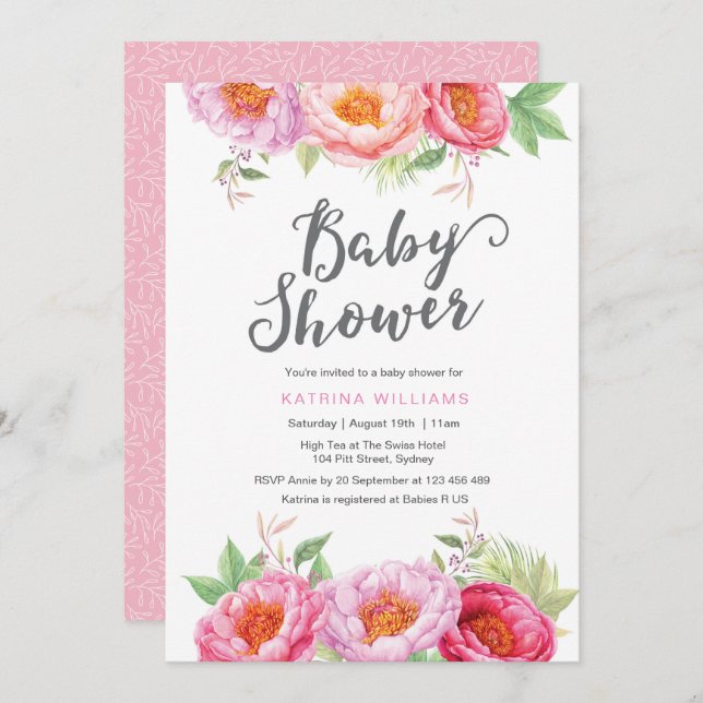 invitation baby shower | Fleurs d'aquarelle (Devant / Derrière)