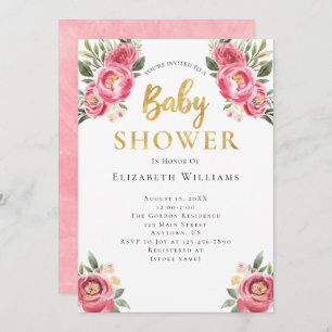Invitation Baby shower Fleurs d'aquarelle Fille Pink Peonies