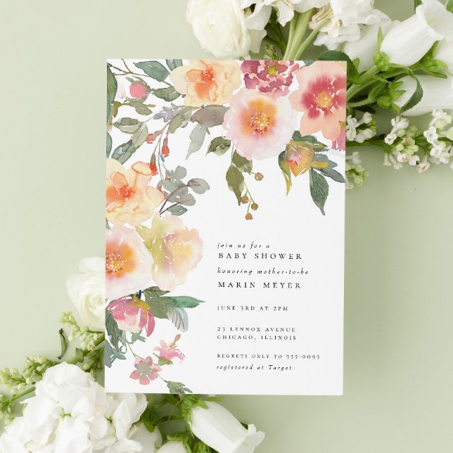 Invitation Baby shower Fleurs d'aquarelle rose pâle (Créateur téléchargé)