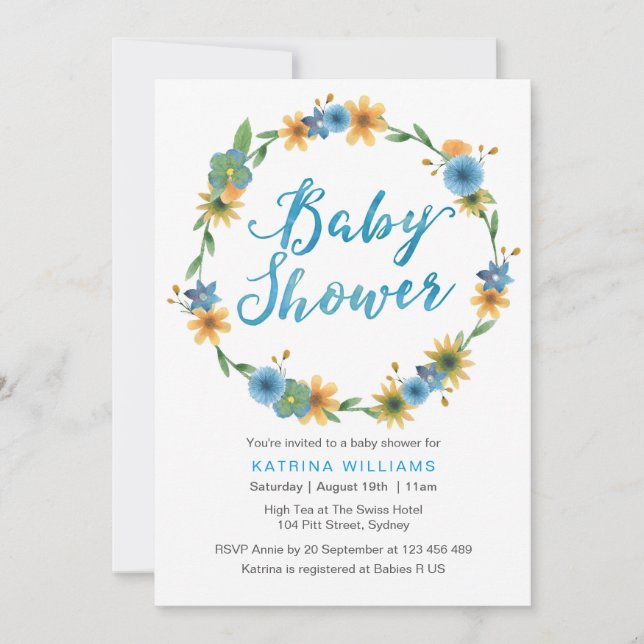 invitation baby shower | Fleurs d'aquarelles bleue (Devant)