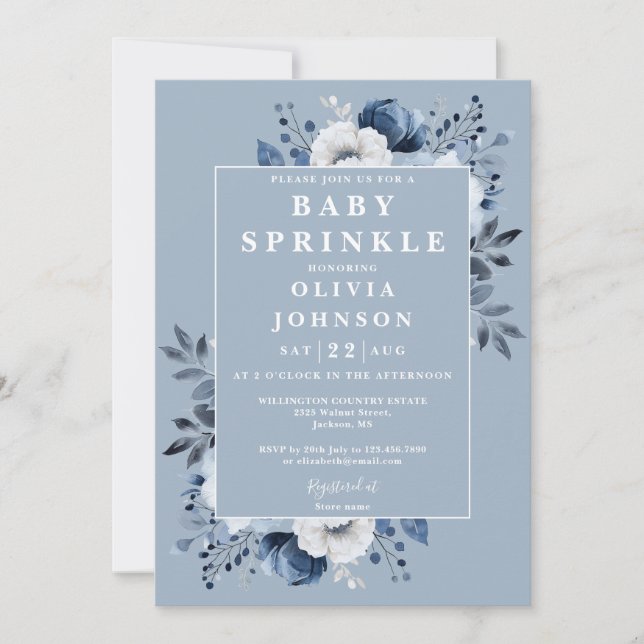 Invitation Baby Shower Fleurs de campagne bleu poussiéreux (Devant)