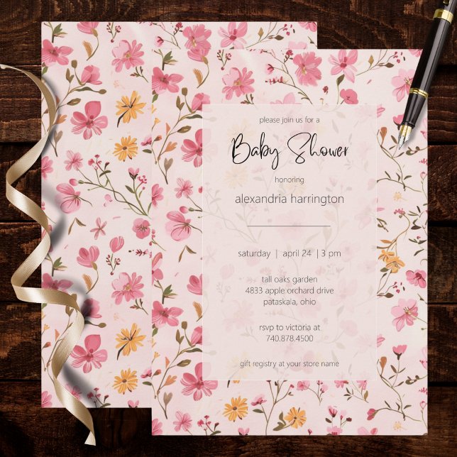 Invitation Baby Shower Fleurs de campagne roses  (Créateur téléchargé)