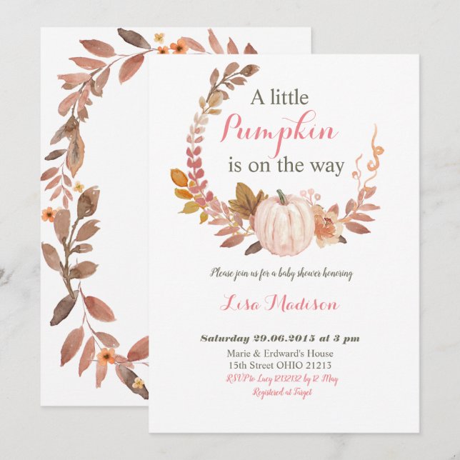 Invitation Baby shower Fleurs de citrouille rustique d'automn (Devant / Derrière)