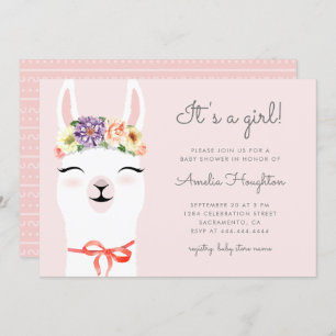 Invitation Baby shower Fleurs de couronnes et lama Girl