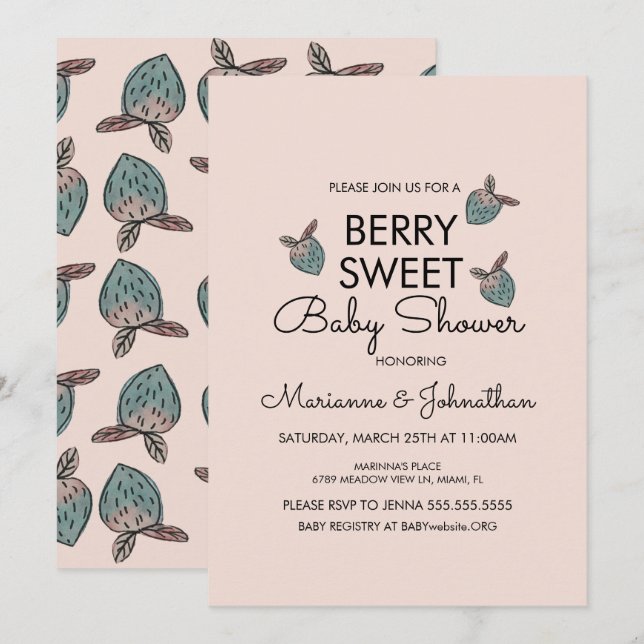 Invitation Baby Shower Fleurs de Fraisier Peintes à la Main (Devant / Derrière)