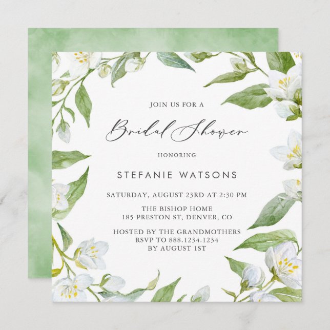 Invitation Baby Shower Fleurs de Jasmin et Feuillage à l'Aqua (Devant / Derrière)