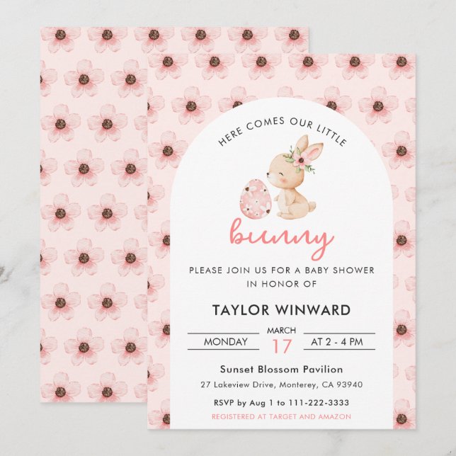 Invitation Baby Shower Fleurs de Lapin de Pâques (Devant / Derrière)